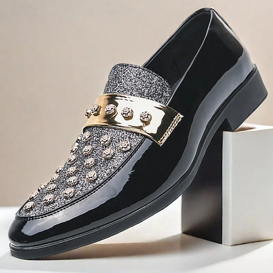 Wholesale SampleMen's Black Patent Loafers with Studded Detail and Gold