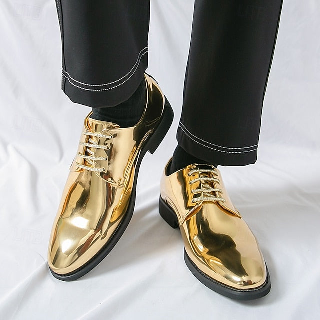 for – Patent Gold Shiny Shoes Leather Men Sleek Lace-Up