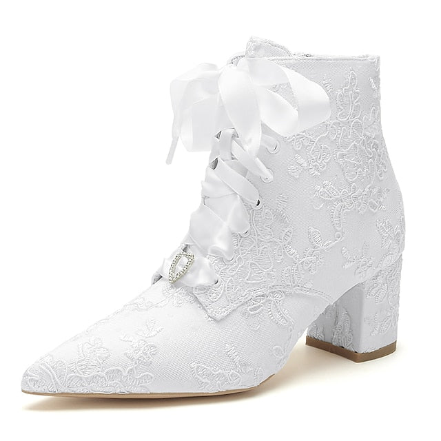 Booties – Embroidered Floral Women's White Lace-Up Bridal