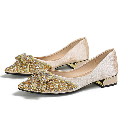 Rhinestone Elegant Women's Bow with - Glitter Detail Flats