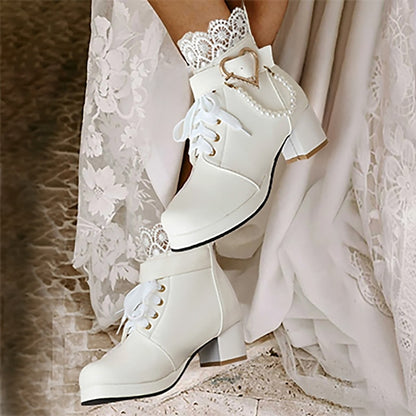 – Bridal Women's Ankle Shoes White Lace-Up Wedding Boots