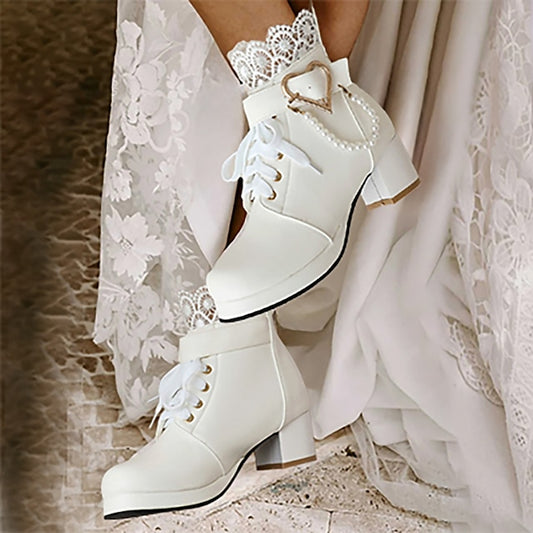 – Bridal Women's Ankle Shoes White Lace-Up Wedding Boots
