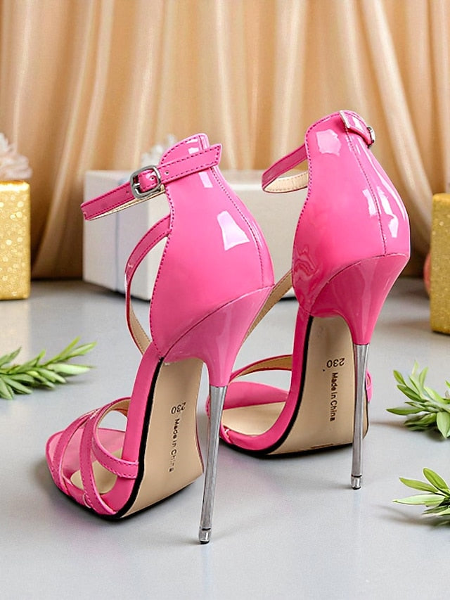 Red Strappy Sandals Heels PU High Women's Stiletto Patent -