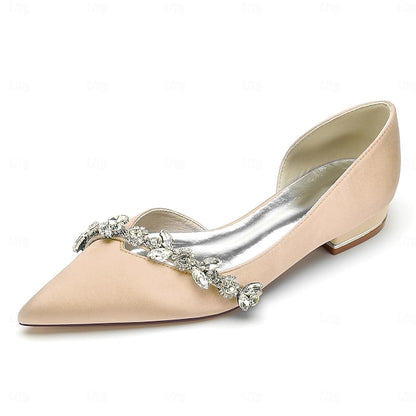 and Crystal with Satin Shoes White Toe Pointed Flat Wedding