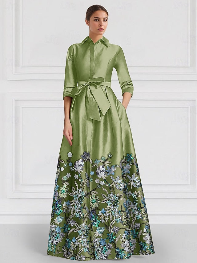 Satin of Floral Bride Embroidered Mother A-Line the Evening Gown