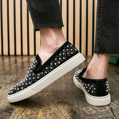 Men's Black Slip-On Shoes with Pearl Detailing - Elegant