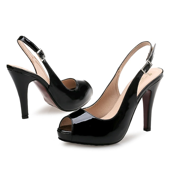 Patent High Slingback Heels Peep-Toe Black Women's Leather