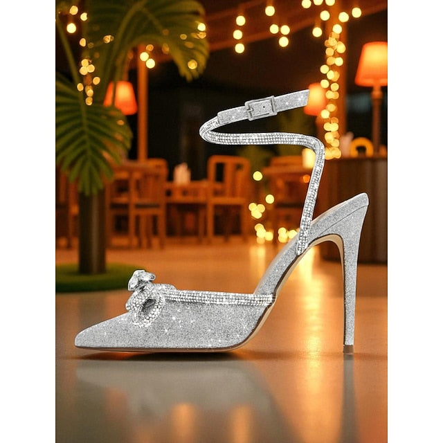 and Satin Bow Women's Black Heels with Rhinestone Stiletto