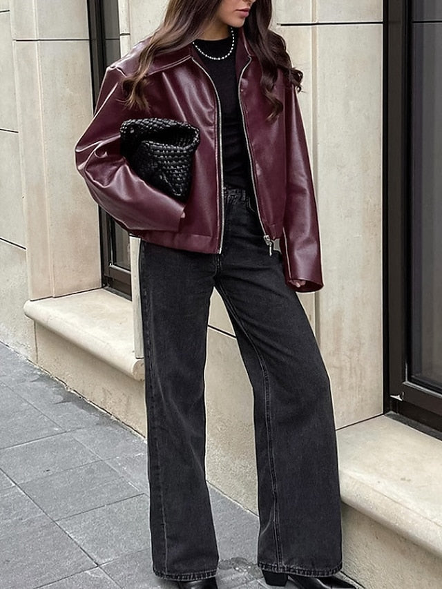 Leather Women's Warm Pocket Faux Zipper Comfortable Jacket