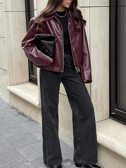 Leather Women's Warm Pocket Faux Zipper Comfortable Jacket