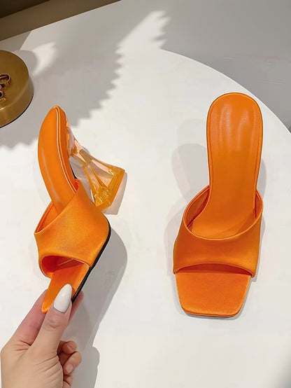 Transparent Block Mules Heels Open-Toe for Green with Satin