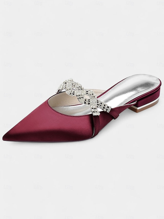 - Satin Blue Heels Mule Detailing with Rhinestone Pointed-Toe