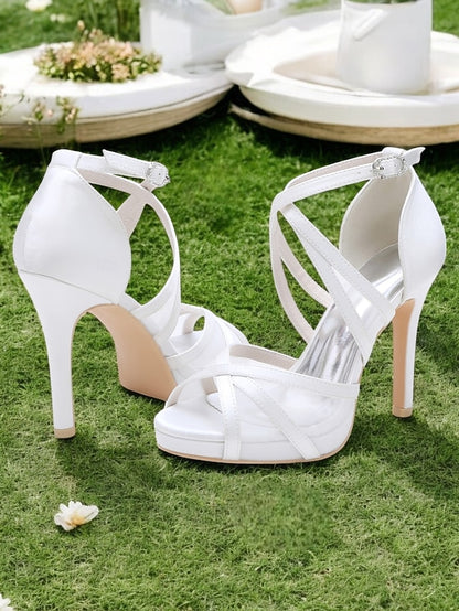 Satin Sandals - Bridal High with Cross Perfect Heel Straps White