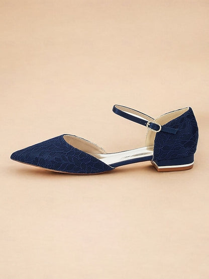 Lace Pointed with Blue and Ankle Flats Strap Navy Women's