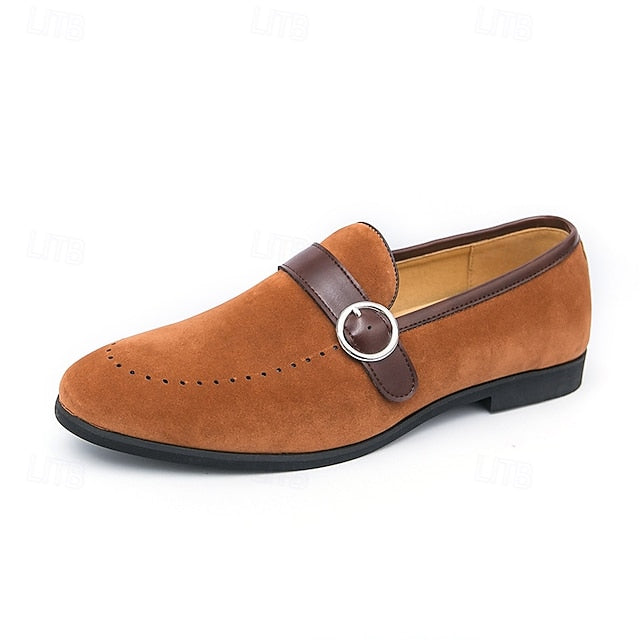 Slip-On Strap Brown Faux Loafers with Suede Buckle Men's