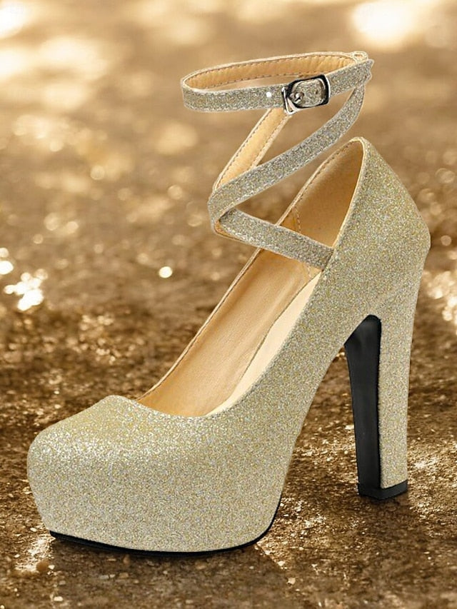 – Heels Platform with Strap Glitter Ankle Pink Women's