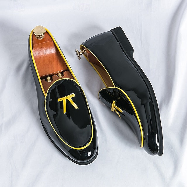 Men's Trim Yellow Faux Black Loafers Patent with Leather
