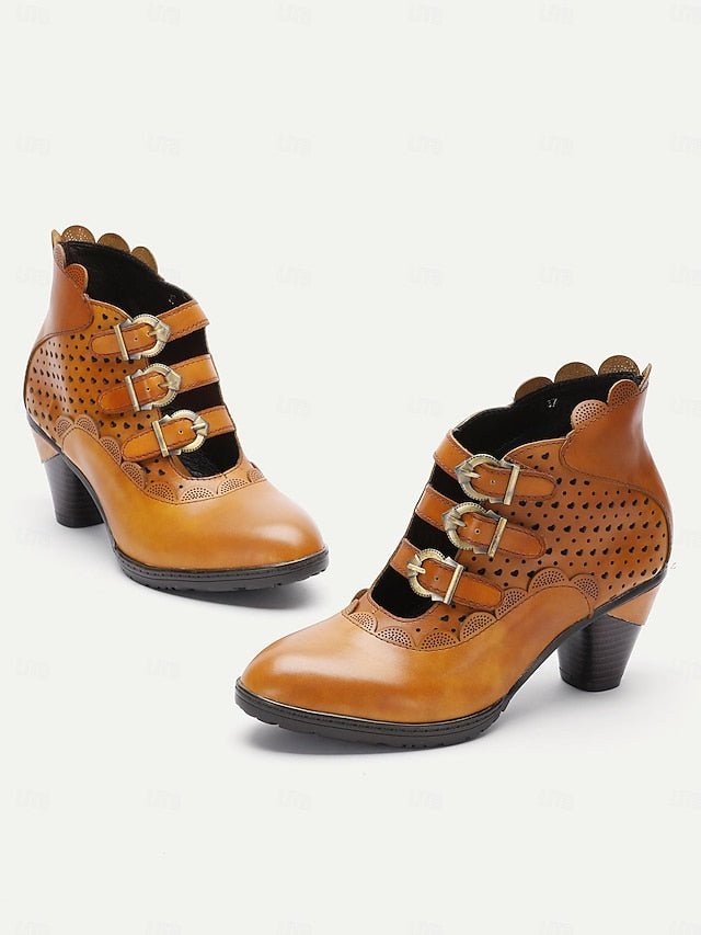 Vintage Women's Perforated Ankle Brown - Boots Buckle Strap