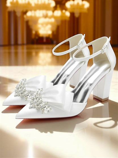 Bow Block Pumps Satin Heel and with Crystal Women's
