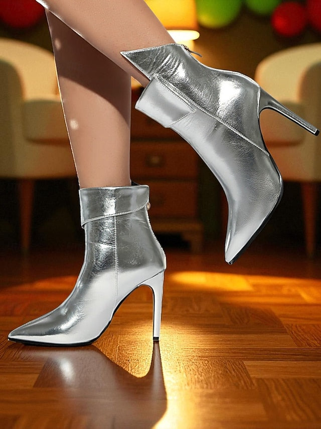 Women's Gold Boots Metallic Stiletto Pointed - Toe Ankle
