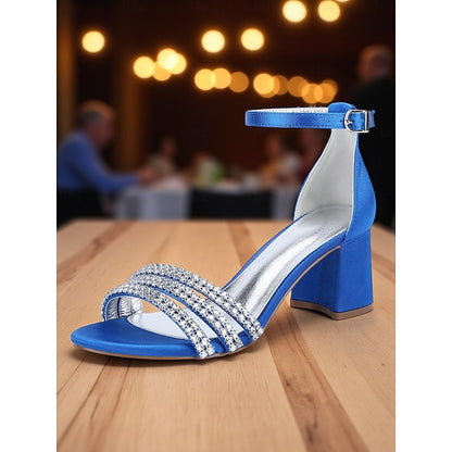 Block Heel Women's Purple Rhinestone Sandals with Satin