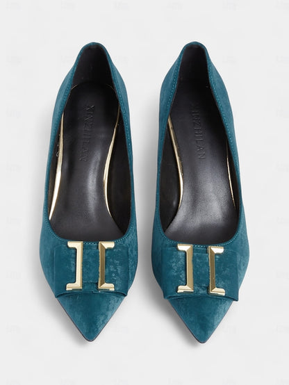 Kitten Velvet Toe Teal Pointed Pumps Heel - Women's Elegant
