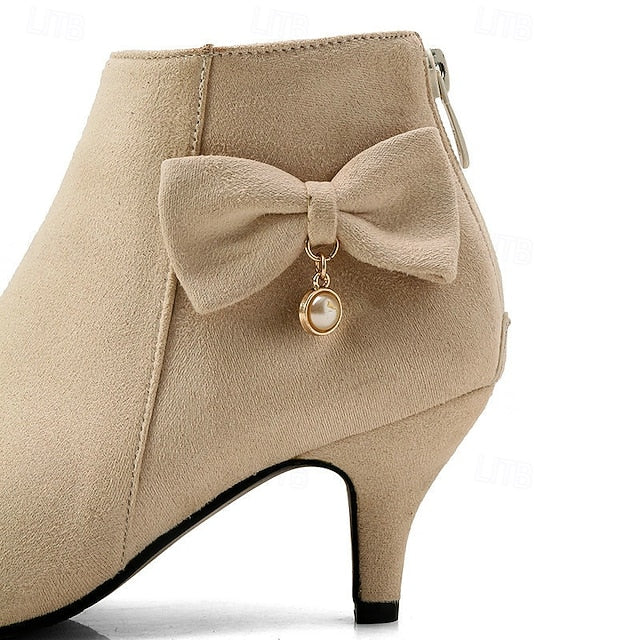 and Suede Boots Pink Pearl Charm Ankle with Women's Bow