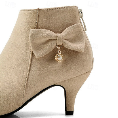 and Suede Boots Pink Pearl Charm Ankle with Women's Bow