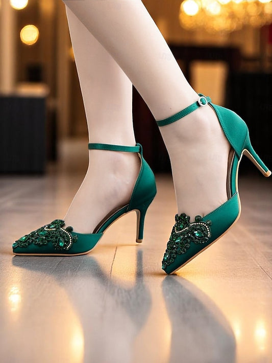 Pointed Satin Green Women's Emerald Ankle – Heels Strap