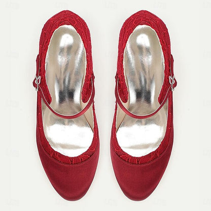 Mid-Heel Lace - Women's Elegant Satin Heels Comfortable Red