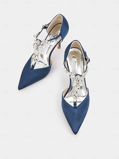 T-Strap Toe – Heels Pointed Women's Satin Blue Navy
