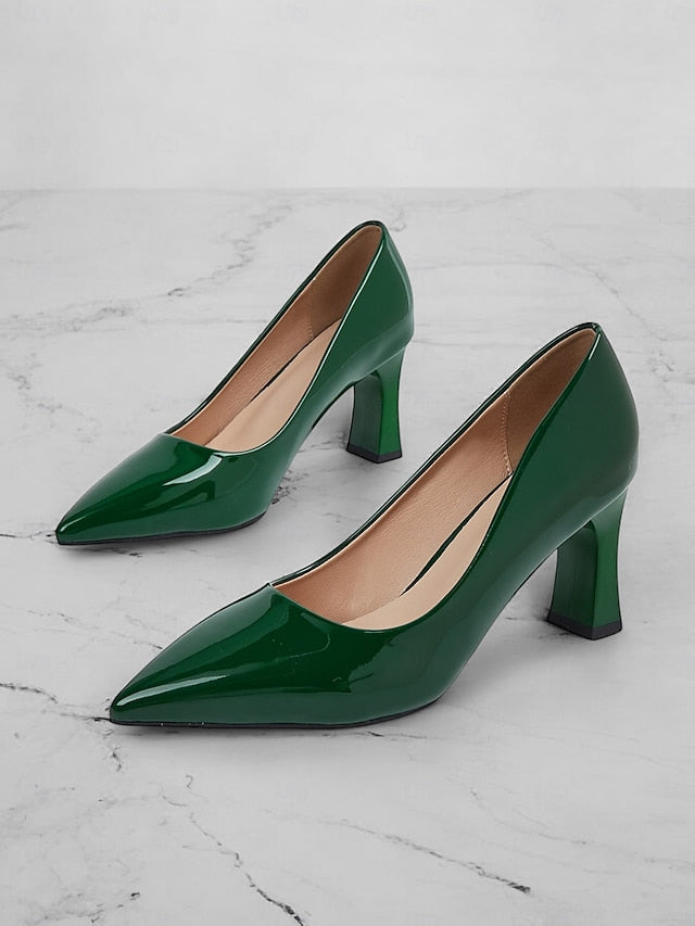 Leather Block Heel Glossy Pointed-Toe Pumps Green Patent Faux