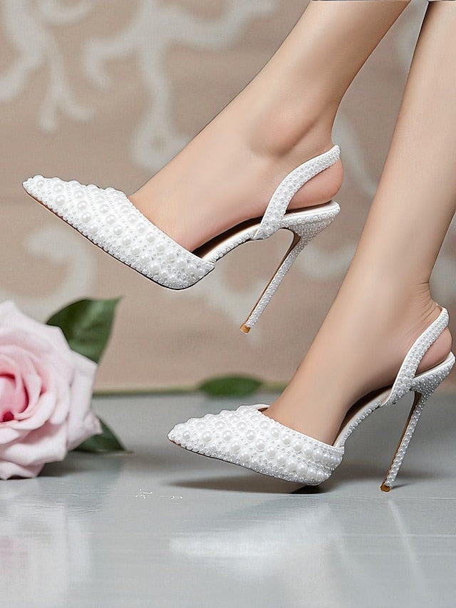 Women's Heels White Pearl-Embellished Leather Slingback -