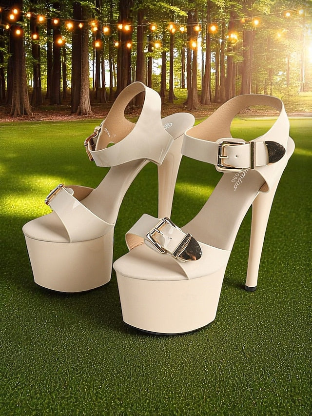 Buckle Women's Platform White Heels Gold Patent with High