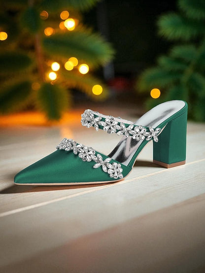 Women's Floral Satin Black Rhinestone Heel Mules Block with