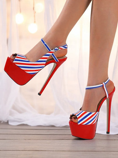 White Red and Striped Platform Stiletto Blue Women's Heels