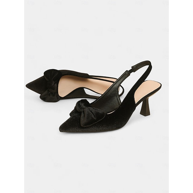 with Toe Blue Women's Velvet Heels Pointed Slingback Bow