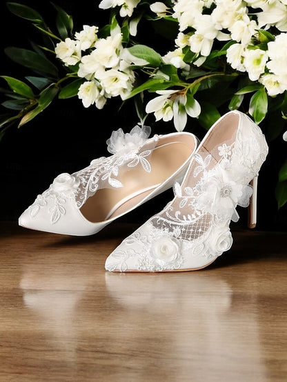 White Wedding Shoes Floral with Embellishments Lace
