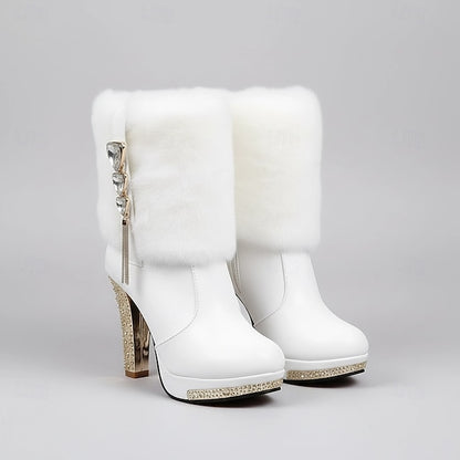 Faux Ankle Women's - White with Fur Heels Boots Rhinestone