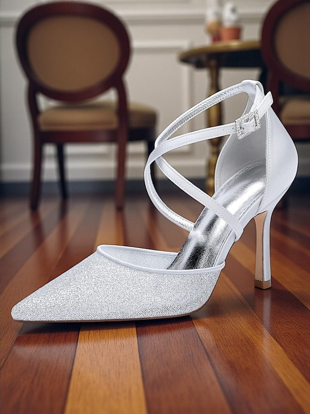 Glitter Stiletto Ankle - Elegant Women's Strap Heels Silver