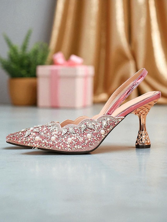 Toe Party - Women's Rhinestone Slingback Pink Pointed Heels