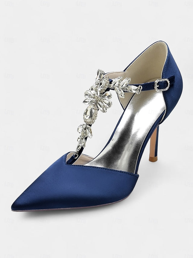 Blue Navy Toe Satin Heels Pointed – Women's T-Strap