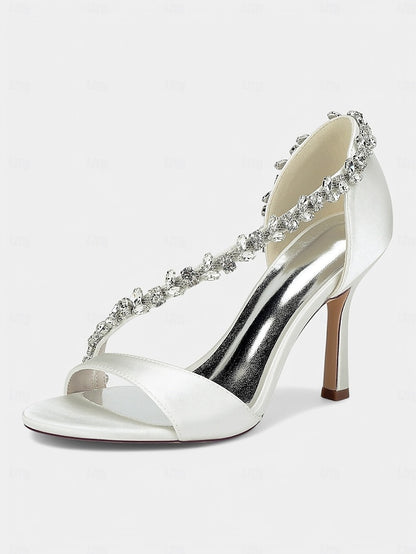 Champagne Satin – Women's with High Heels Crystal T-Strap