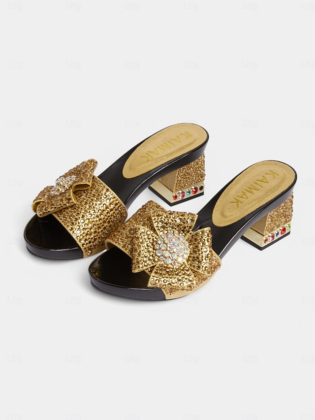 High Clutch Rhinestone Heel Sandals Matching with Bow Sparkling