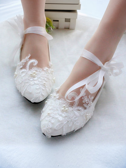 Flats Shoes Elegant Bridal with Lace - White Ties Ribbon Wedding