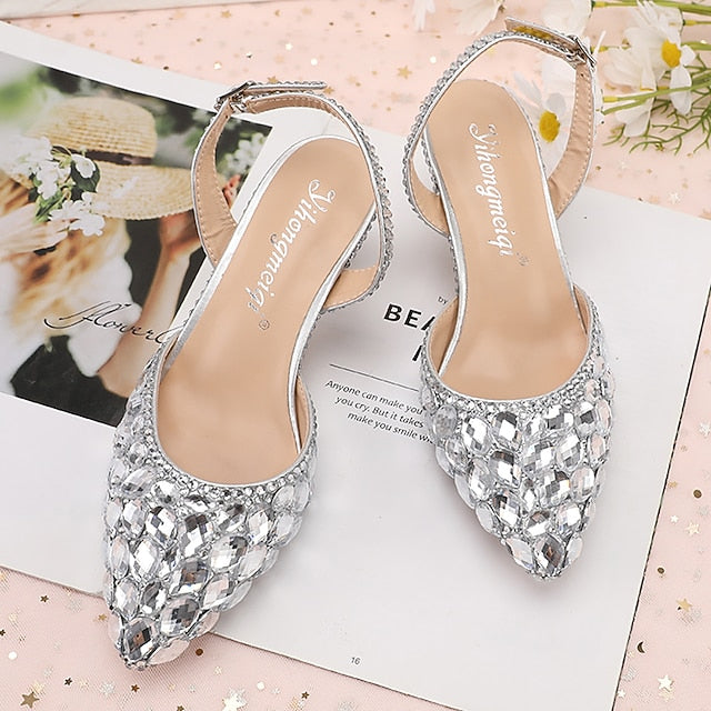 Heels Women's Crystal Slingback High Rhinestone Pointed-Toe