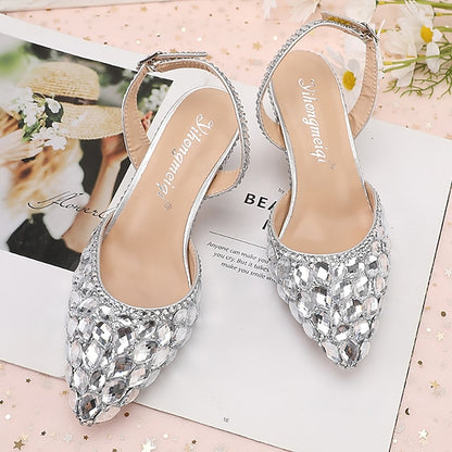 Heels Women's Crystal Slingback High Rhinestone Pointed-Toe