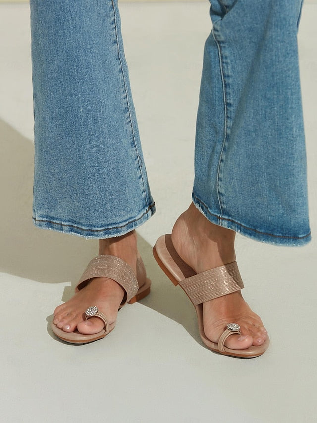 with Champagne Sandals Rhinestone Heel Women's Flat Slip-On