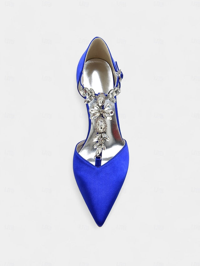 Blue Navy Toe Satin Heels Pointed – Women's T-Strap