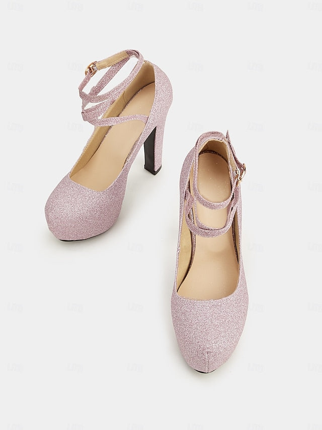 – Heels Platform with Strap Glitter Ankle Pink Women's